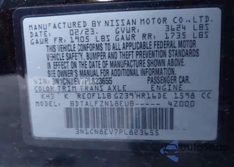 2023 Nissan Versa 1.6 Sv Xtronic Cvt z USA, uszkodzony, nr VIN 3N1CN8EV7PL823655